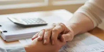 Hands of a caregiver and an elderly person, with tax documents, symbolizing financial support for caregivers.