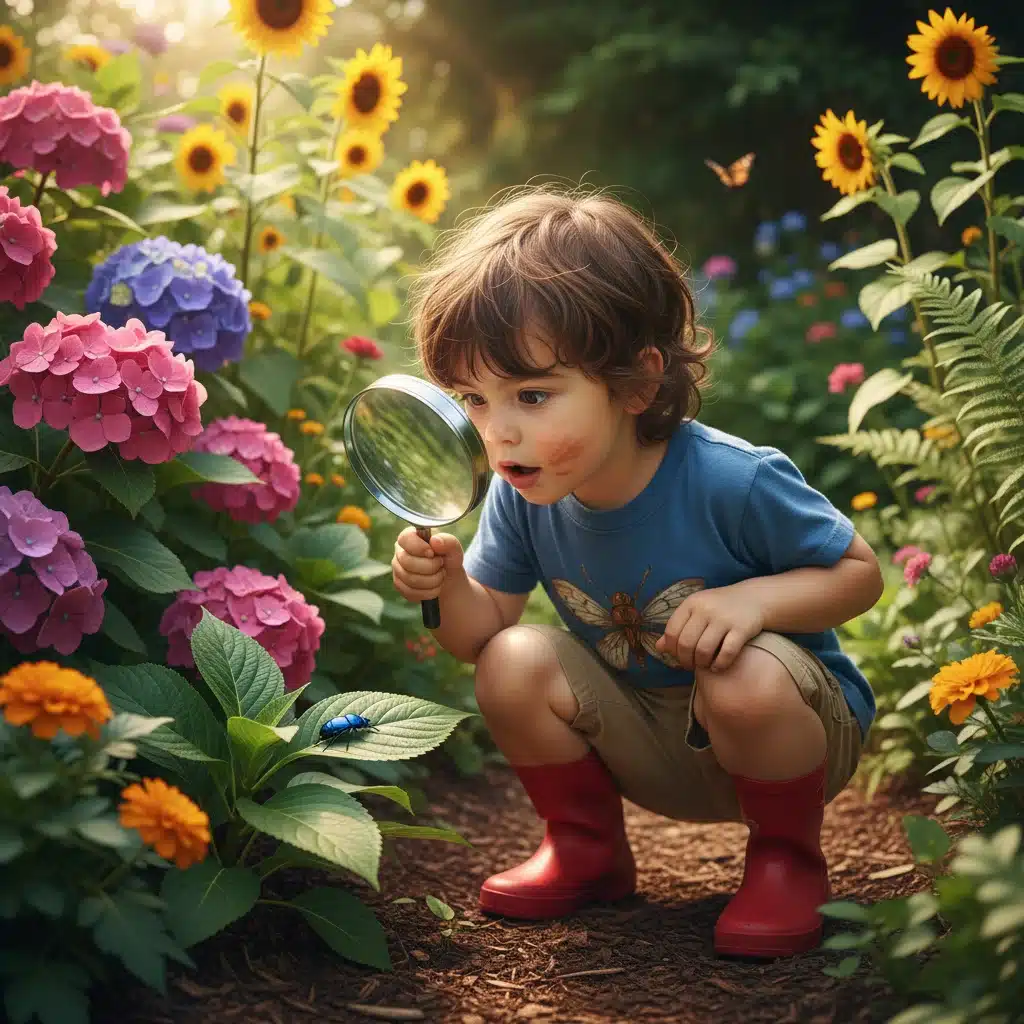 Child exploring plants with a magnifying glass in a vibrant garden, fostering curiosity.