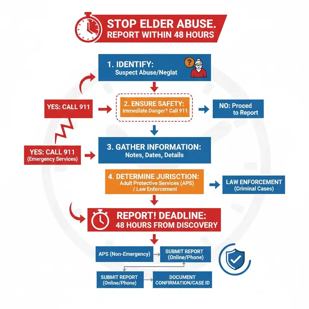 Flowchart depicting the elder abuse reporting process and 48-hour deadline.