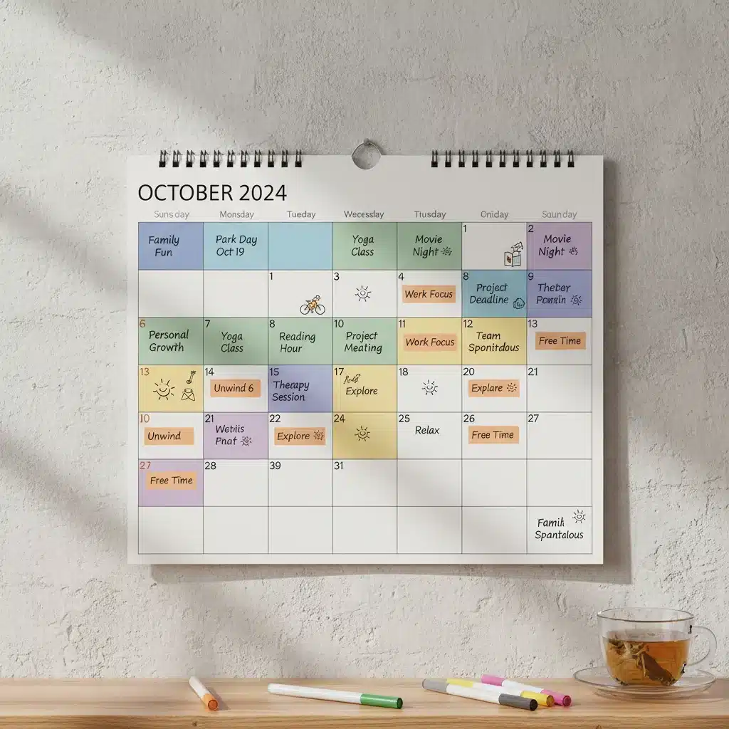 Family calendar with scheduled personal time and activities
