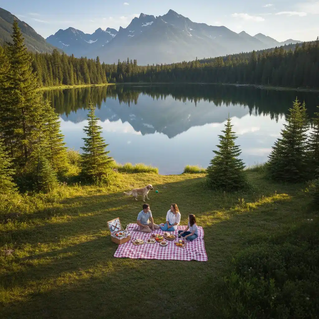 Family enjoying a peaceful picnic by a lake with mountains in the background, promoting relaxation.
