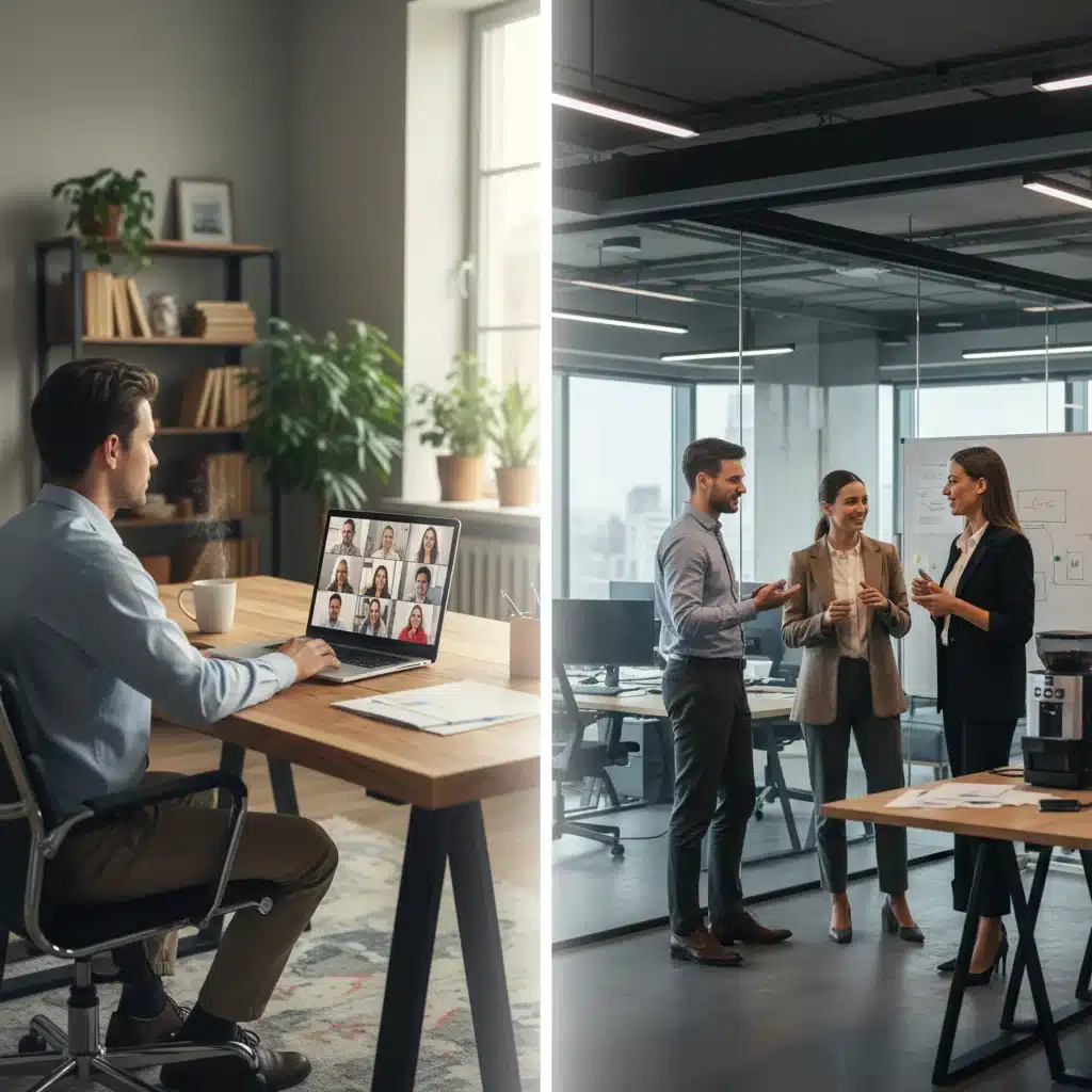 Employee engaging in a video conference from home and collaborating with colleagues in a modern office, representing hybrid work flexibility.