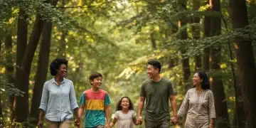 Happy family walking through a sunny forest path, enjoying nature immersion.
