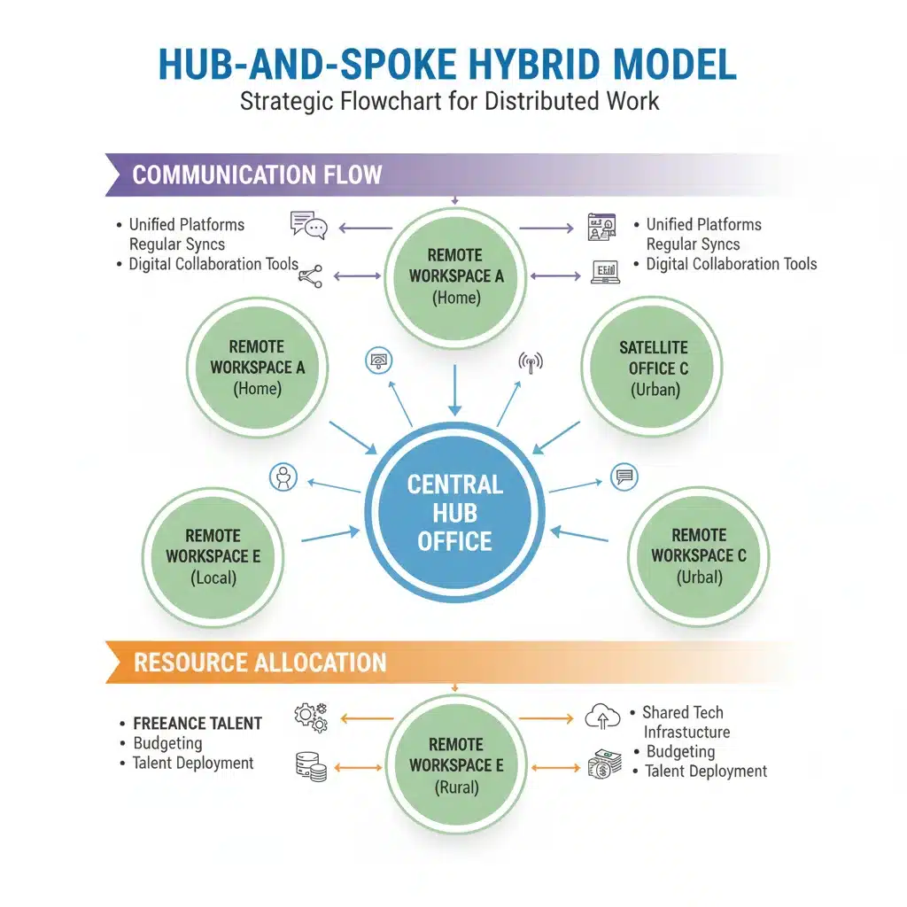 Infographic detailing the 'Hub-and-Spoke' hybrid work model, showing connections between a central office and remote workers.