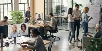 Professionals collaborating in a modern hybrid office setting, showcasing a blend of in-person and remote interaction.