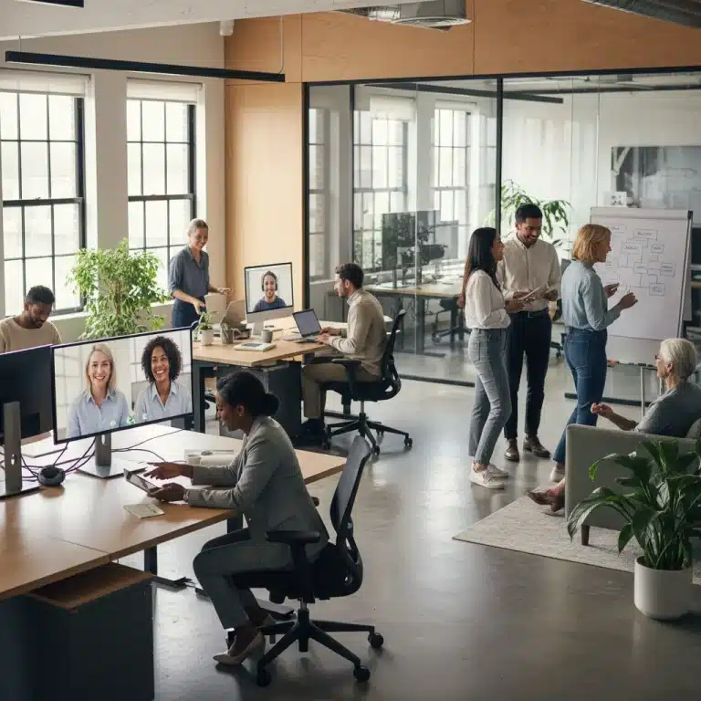 Professionals collaborating in a modern hybrid office setting, showcasing a blend of in-person and remote interaction.