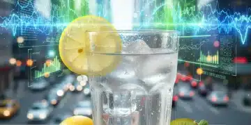 Glass of water with lemon, fresh fruit, and digital science overlay, symbolizing advanced hydration.