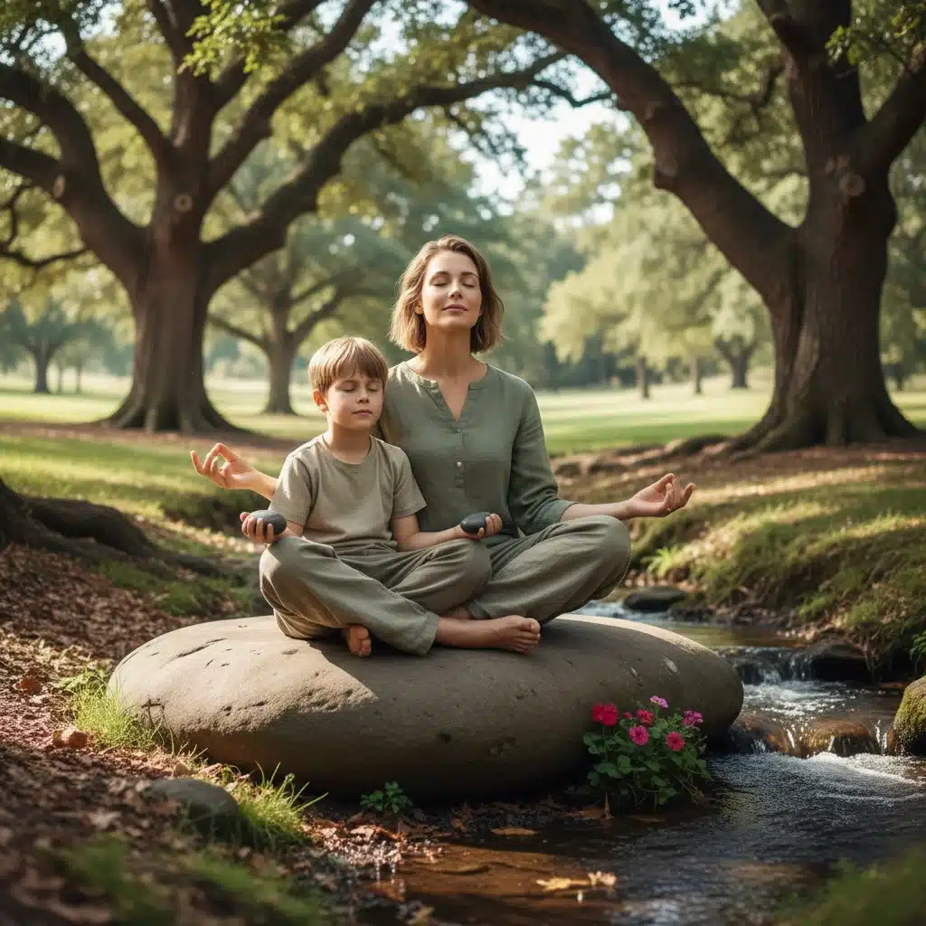 Parent and child practicing mindfulness outdoors, promoting calm and emotional regulation.