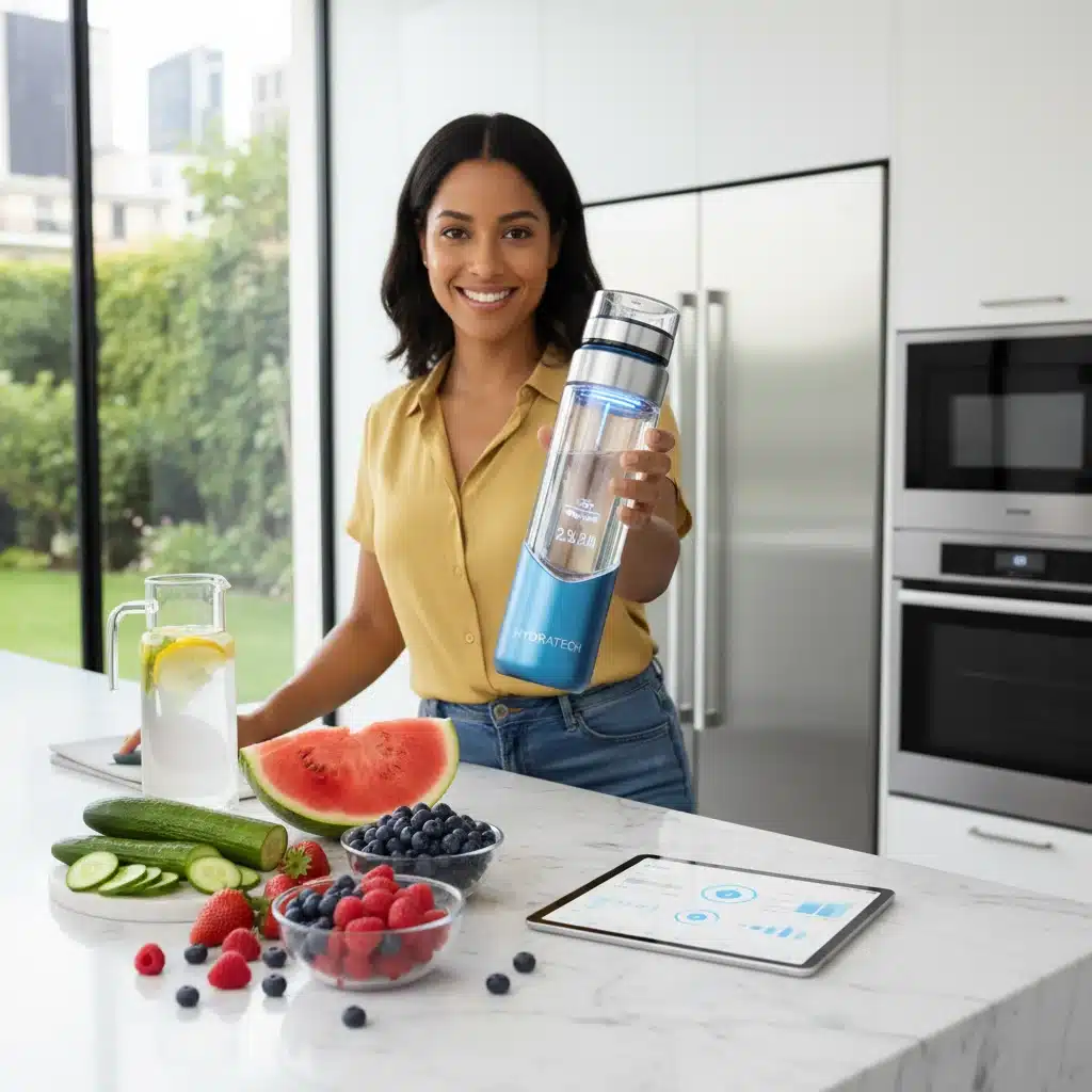 Person with smart water bottle and hydrating foods in a modern kitchen setting.
