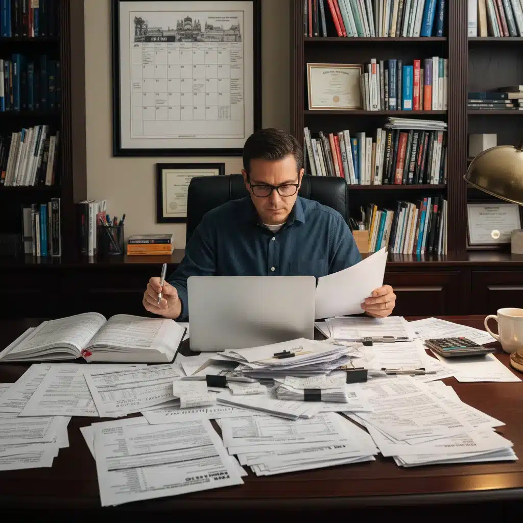 Caregiver meticulously organizing tax documents and receipts on a desk.