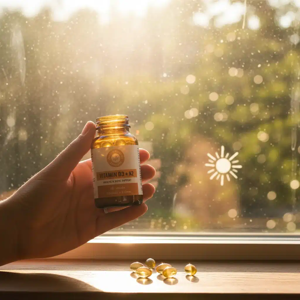 Vitamin D supplement bottle with natural sunlight