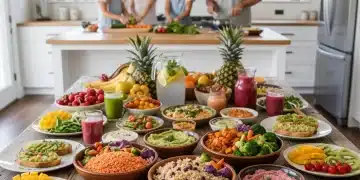 Colorful array of budget-friendly plant-based ingredients and meals for families.