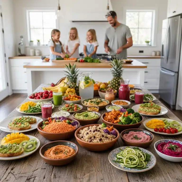 Colorful array of budget-friendly plant-based ingredients and meals for families.