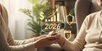 Caregiver hand holding an elderly hand with financial aid symbols in the background.
