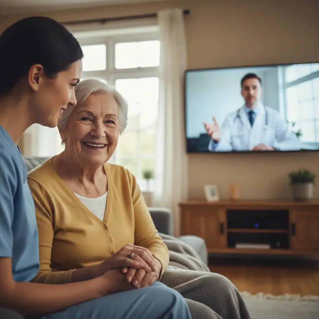 Elderly patient and caregiver benefiting from remote medical monitoring and virtual consultations.