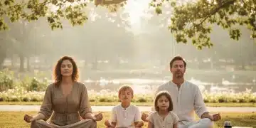 Family practicing mindful living in a peaceful park