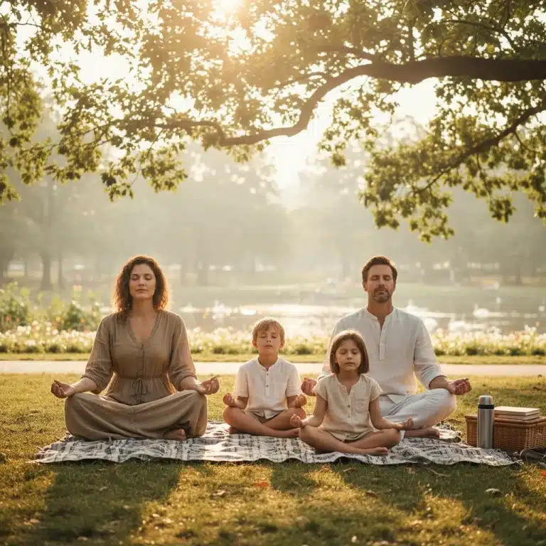 Family practicing mindful living in a peaceful park
