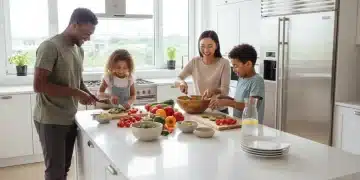 Happy family preparing a healthy meal together in a modern kitchen, illustrating mindful eating.