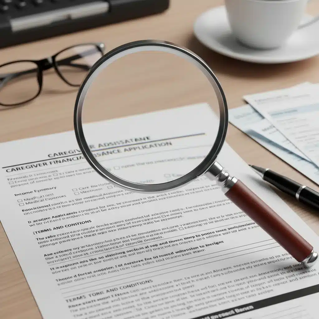 Close-up of a financial aid application form with a magnifying glass and pen.