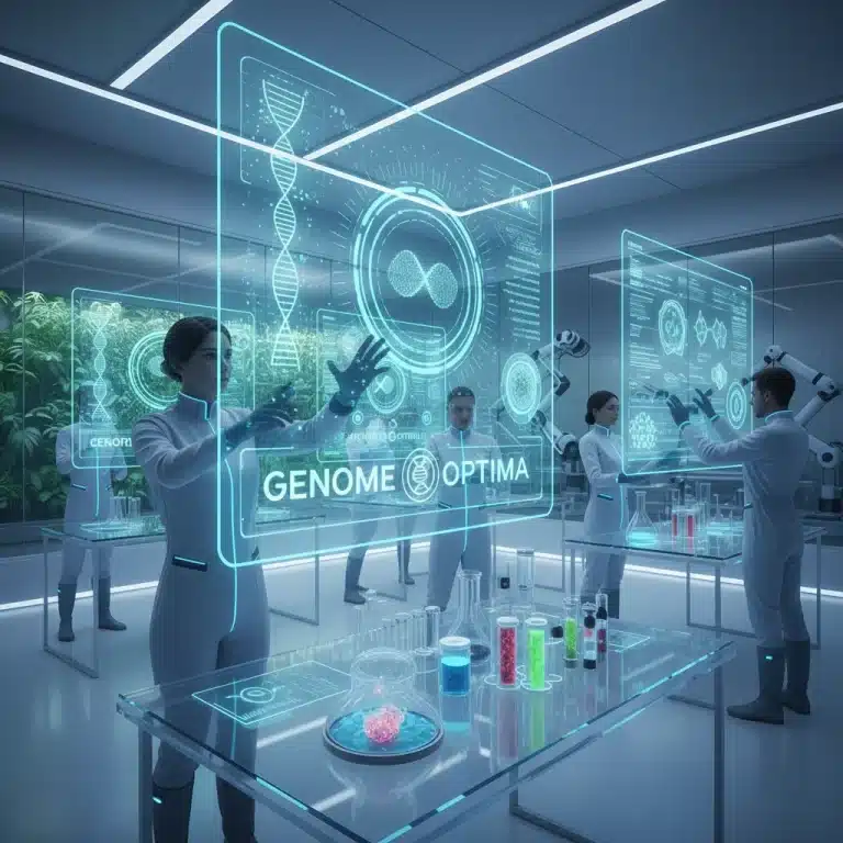 Futuristic lab with scientists analyzing biohacking data for peak wellness