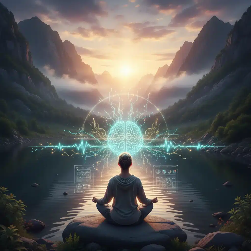Person meditating with glowing brainwaves for cognitive enhancement