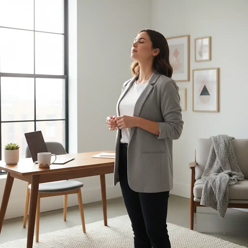 Professional practicing mindful breathing at home office