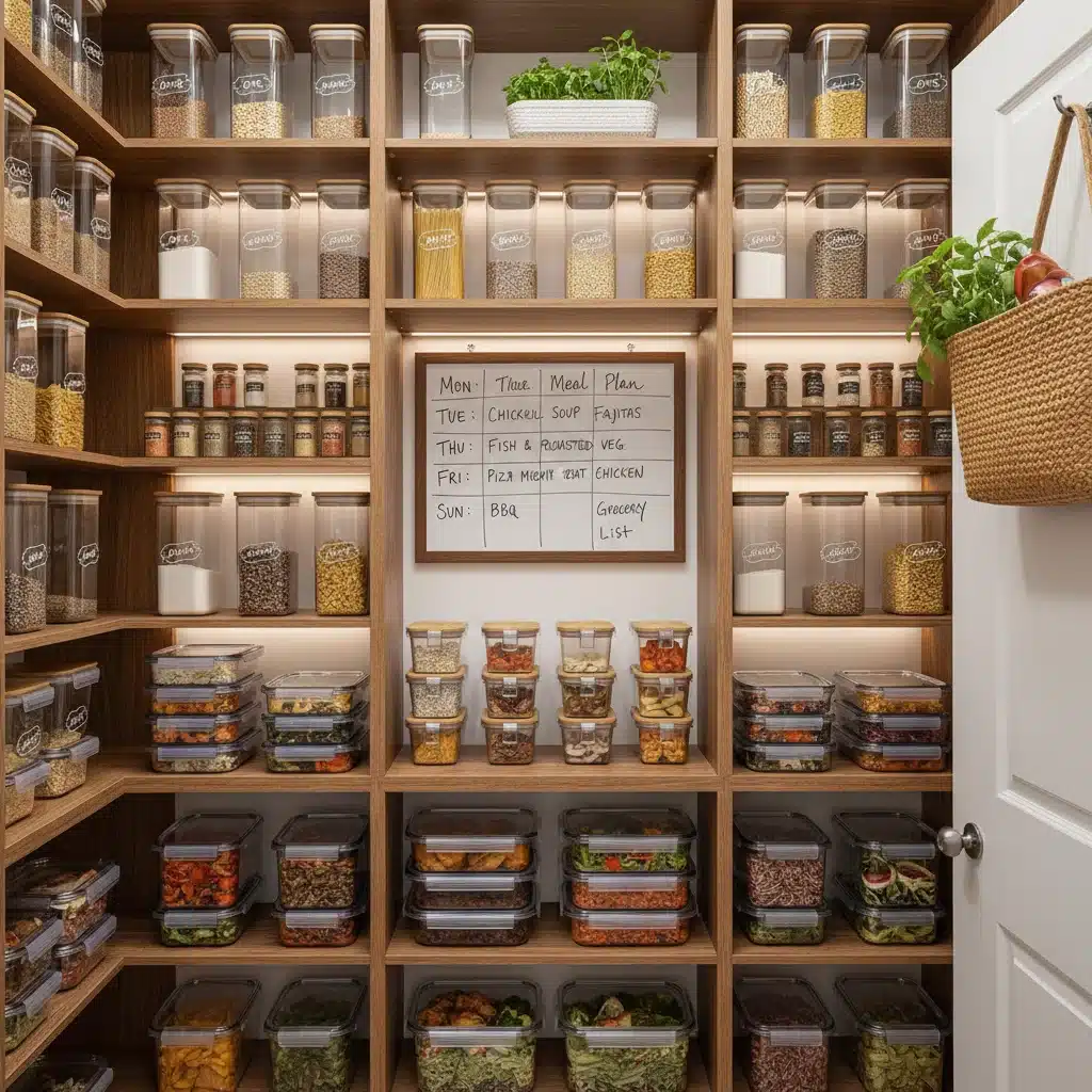 Organized pantry with labeled containers and a weekly meal plan, demonstrating efficient meal prep.