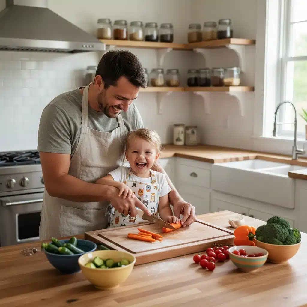 Parent and child happily chopping vegetables, promoting family involvement in cooking.