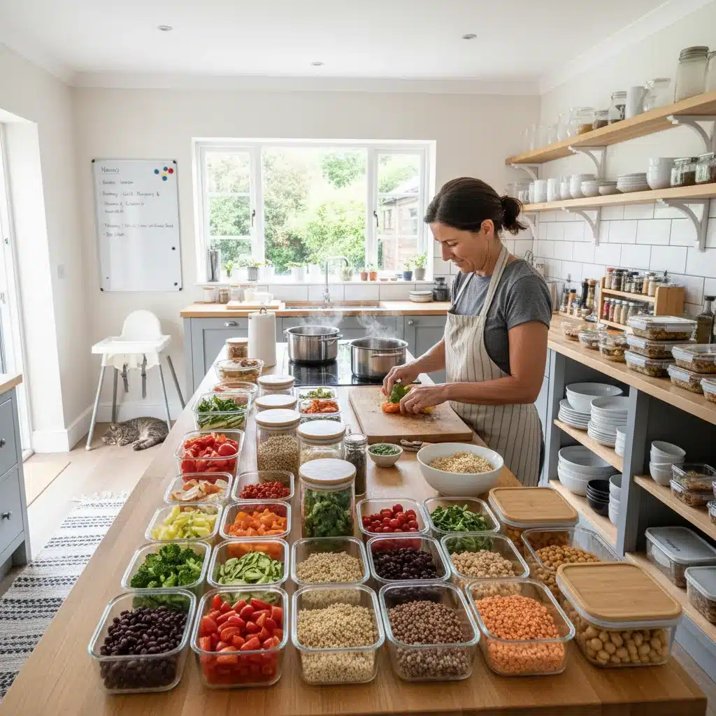 Parent meal prepping plant-based ingredients for weekly family meals.