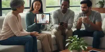 Caregivers using telehealth on a tablet and smartphone for 24/7 medical support.
