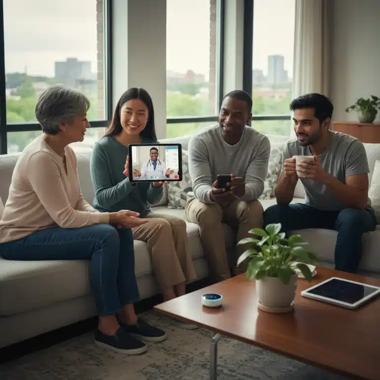 Caregivers using telehealth on a tablet and smartphone for 24/7 medical support.
