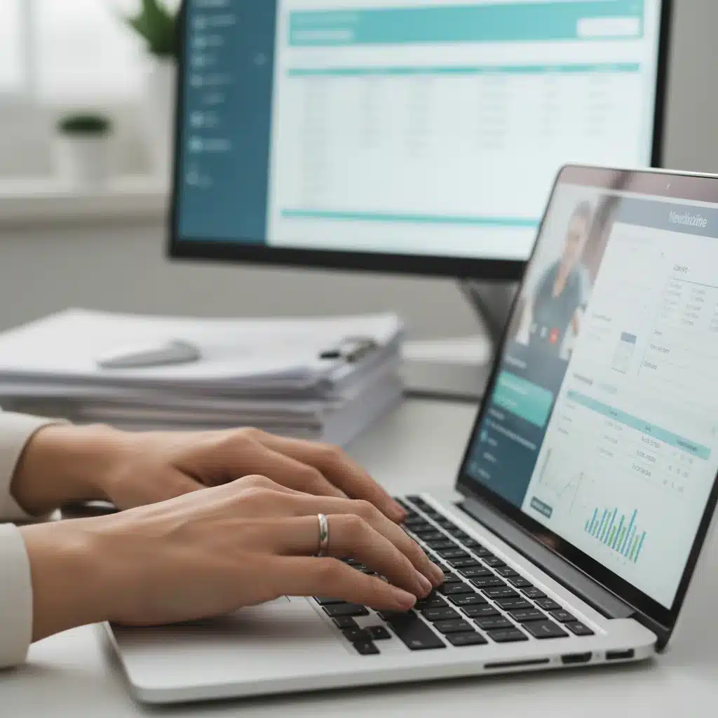 Hand typing on laptop, managing virtual medical records and telehealth appointments.