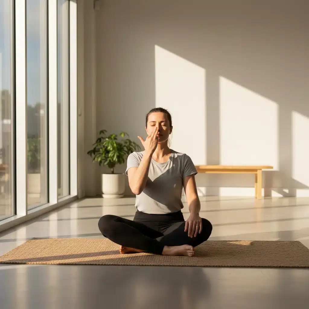 Person practicing alternate nostril breathing, sitting cross-legged on a yoga mat in a bright, peaceful room.