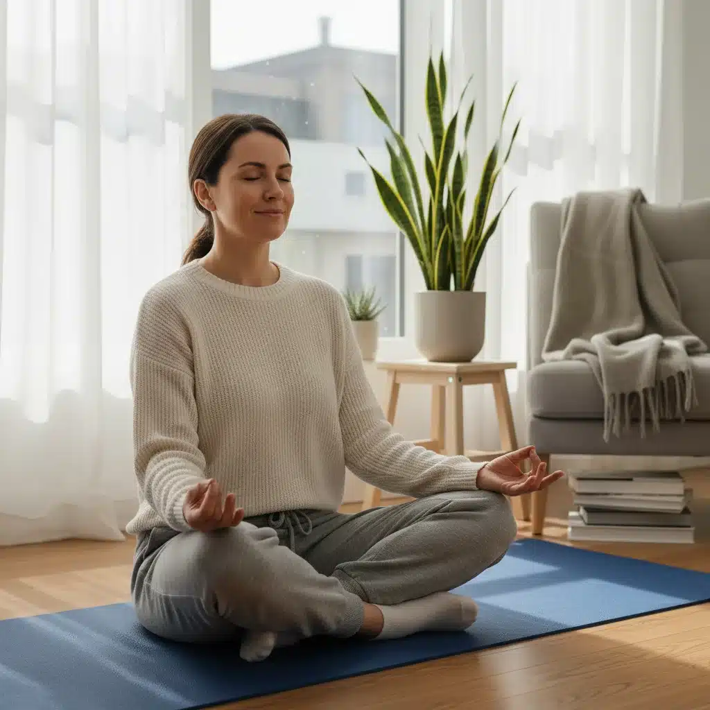 Caregiver practicing deep breathing and meditation for stress relief