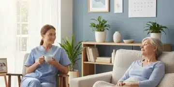 Caregiver smiling with senior in a relaxed setting, highlighting respite care benefits.