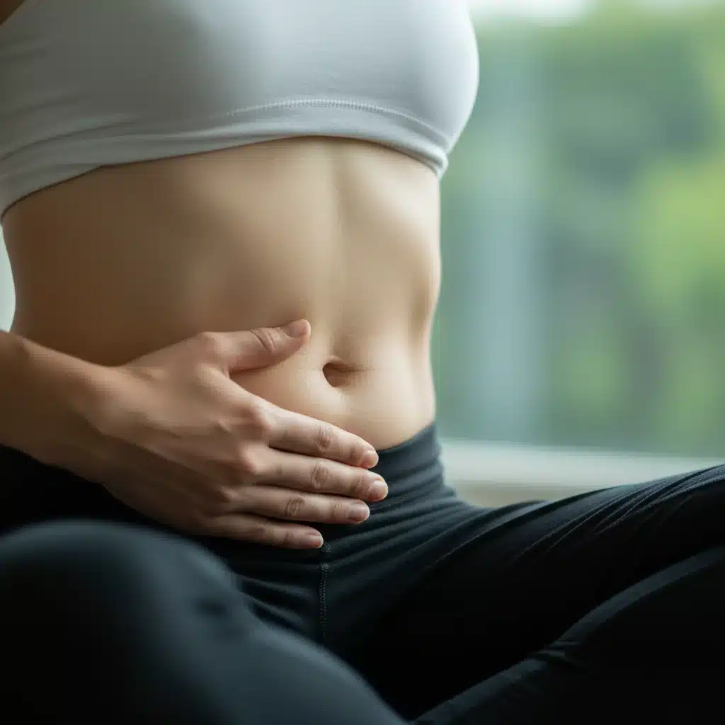 Close-up of a person demonstrating diaphragmatic breathing, hand on abdomen, illustrating deep breath movement.
