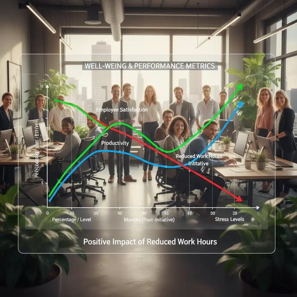 Graph illustrating increased employee satisfaction and productivity with reduced work hours.