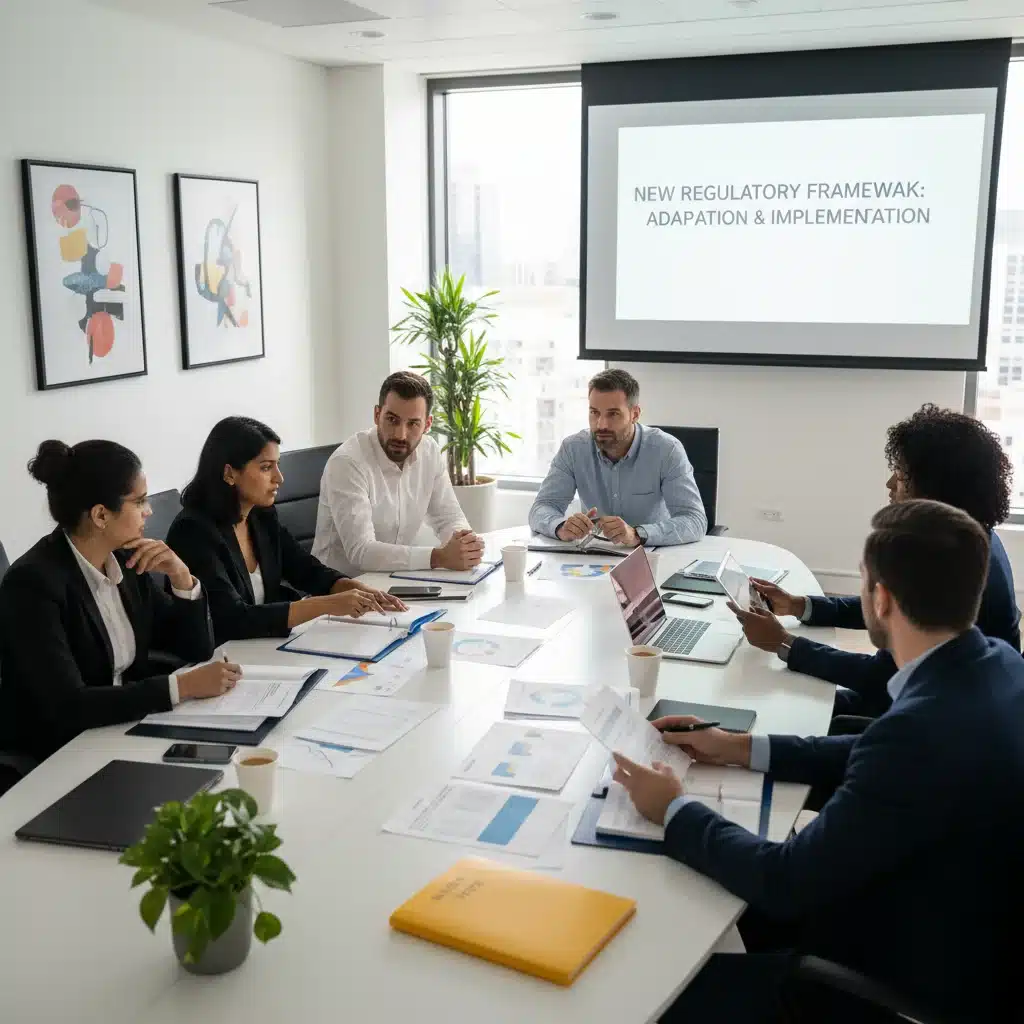 Employees discussing new policies in a modern office environment.