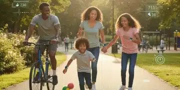 Happy diverse U.S. family wearing fitness trackers, engaging in outdoor activities, symbolizing modern family health and technology.