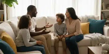Family engaging in mindful conversation on sofa