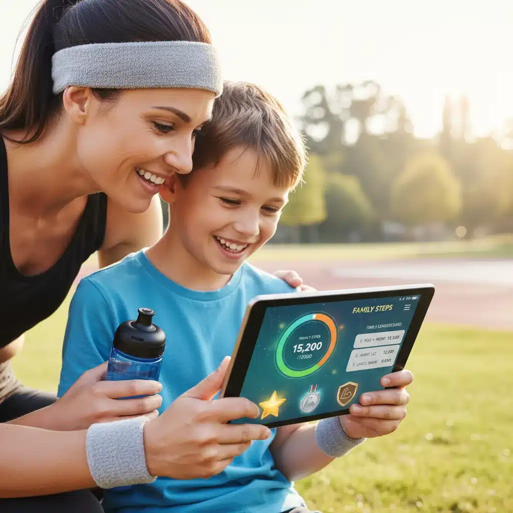Parent and child interacting with a gamified family fitness app on a tablet, showing engagement and motivation.