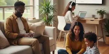 Happy diverse US family balancing work and play in a modern home