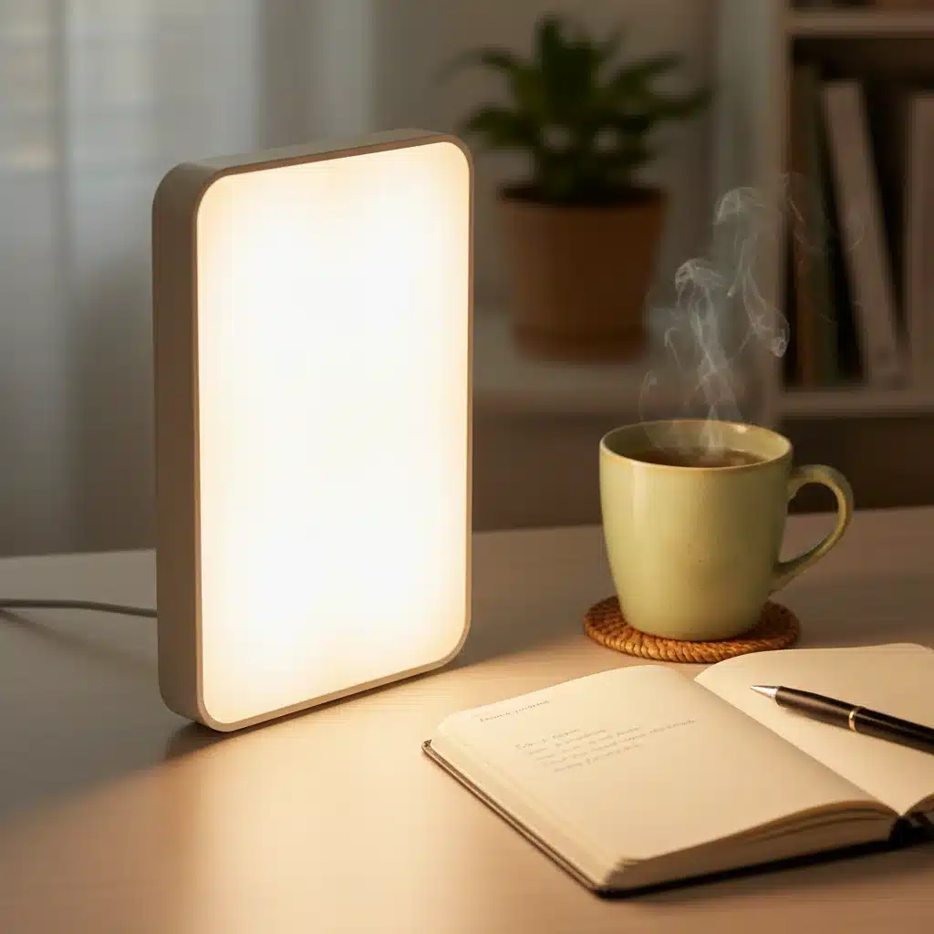 Light therapy lamp on a desk with journal and tea, aiding in SAD management.