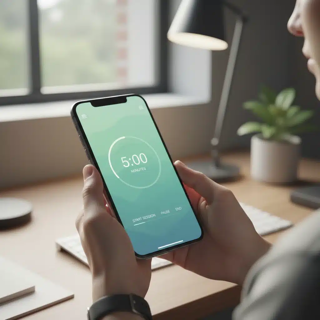 Hands holding a smartphone with a 5-minute meditation app open on an office desk.
