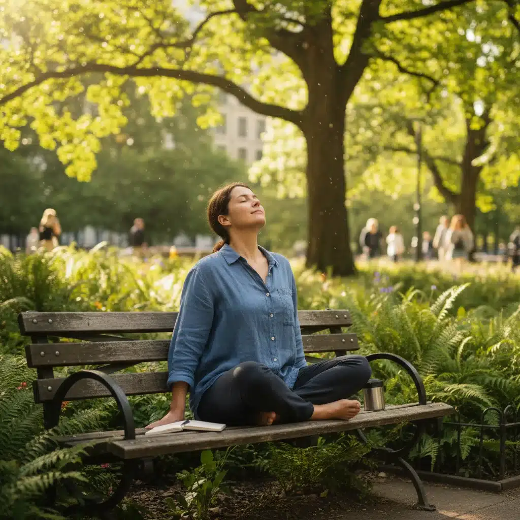 Individual practicing mindful breathing in a peaceful, sunlit park setting.