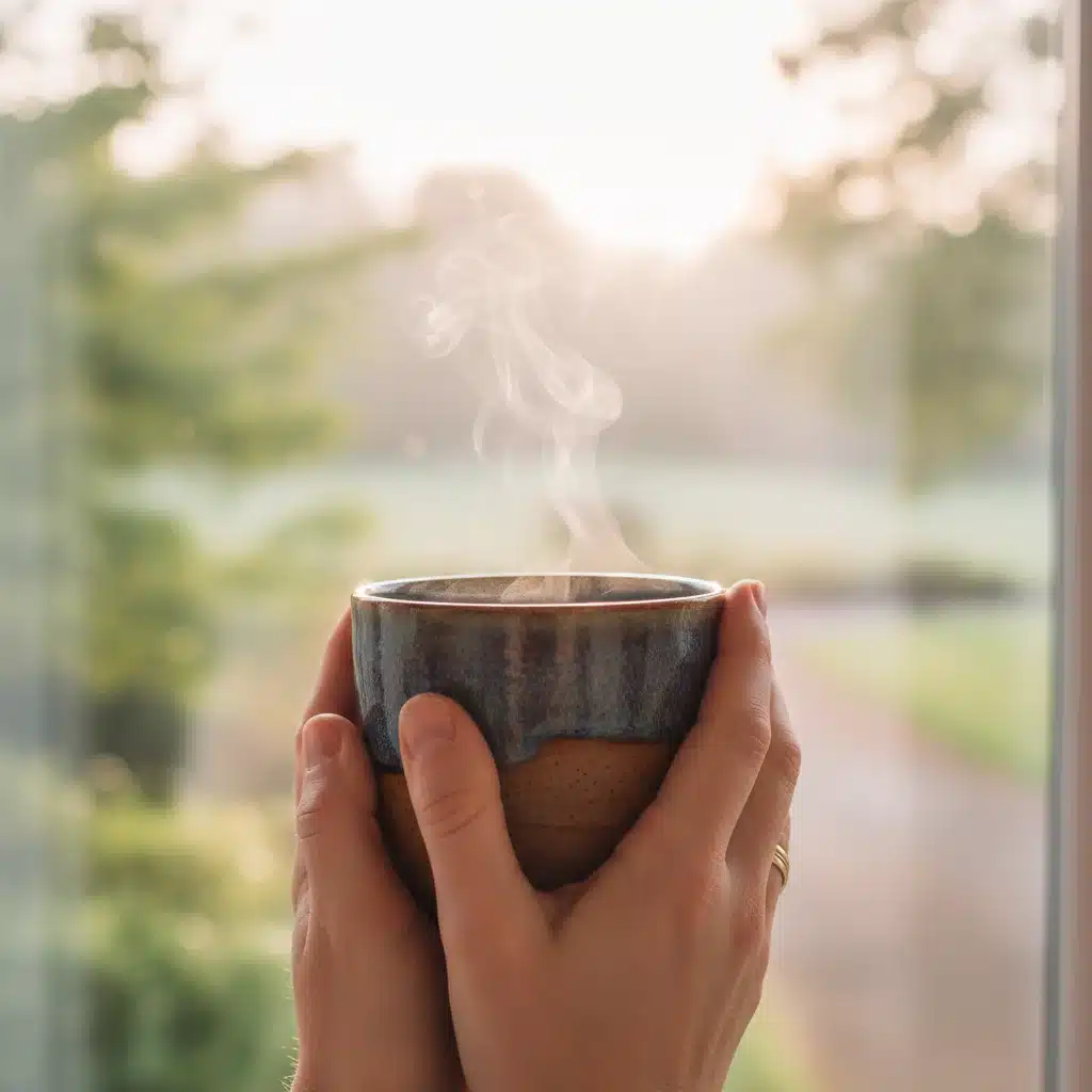 Hands holding a warm mug of tea, emphasizing mindful drinking and calm.