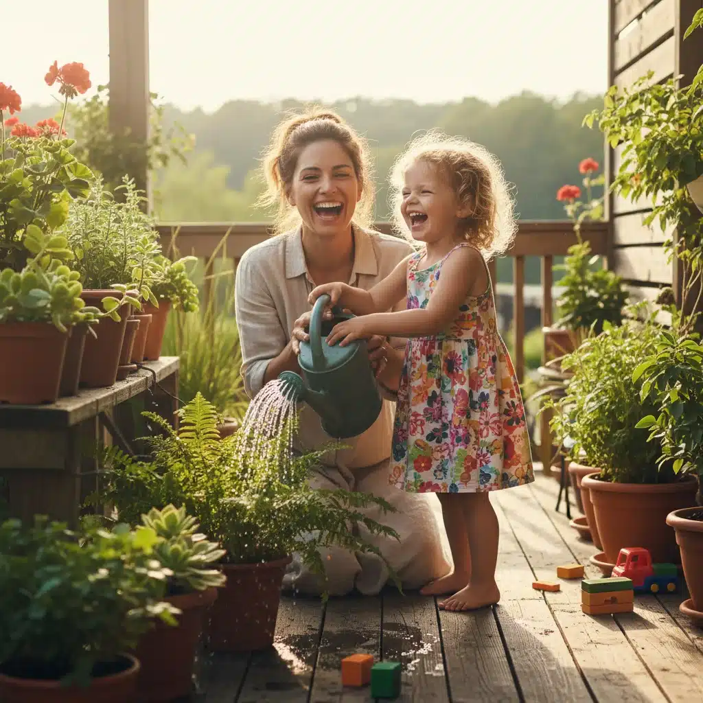 Parent and child happily collaborating on a household chore