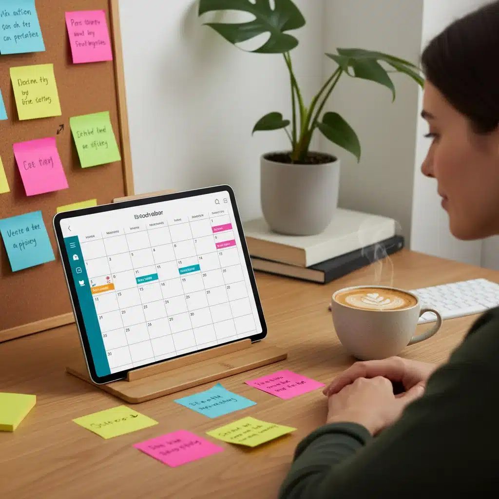 Parent meticulously planning a family schedule on a digital tablet