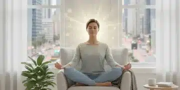 Person meditating in a calm room with a city view, embodying peace amidst busyness.