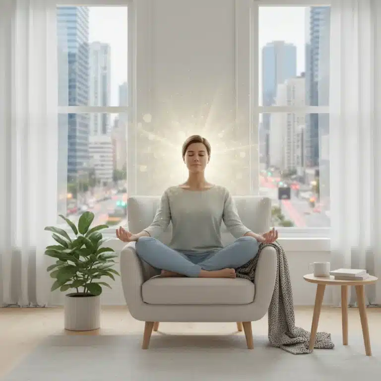 Person meditating in a calm room with a city view, embodying peace amidst busyness.